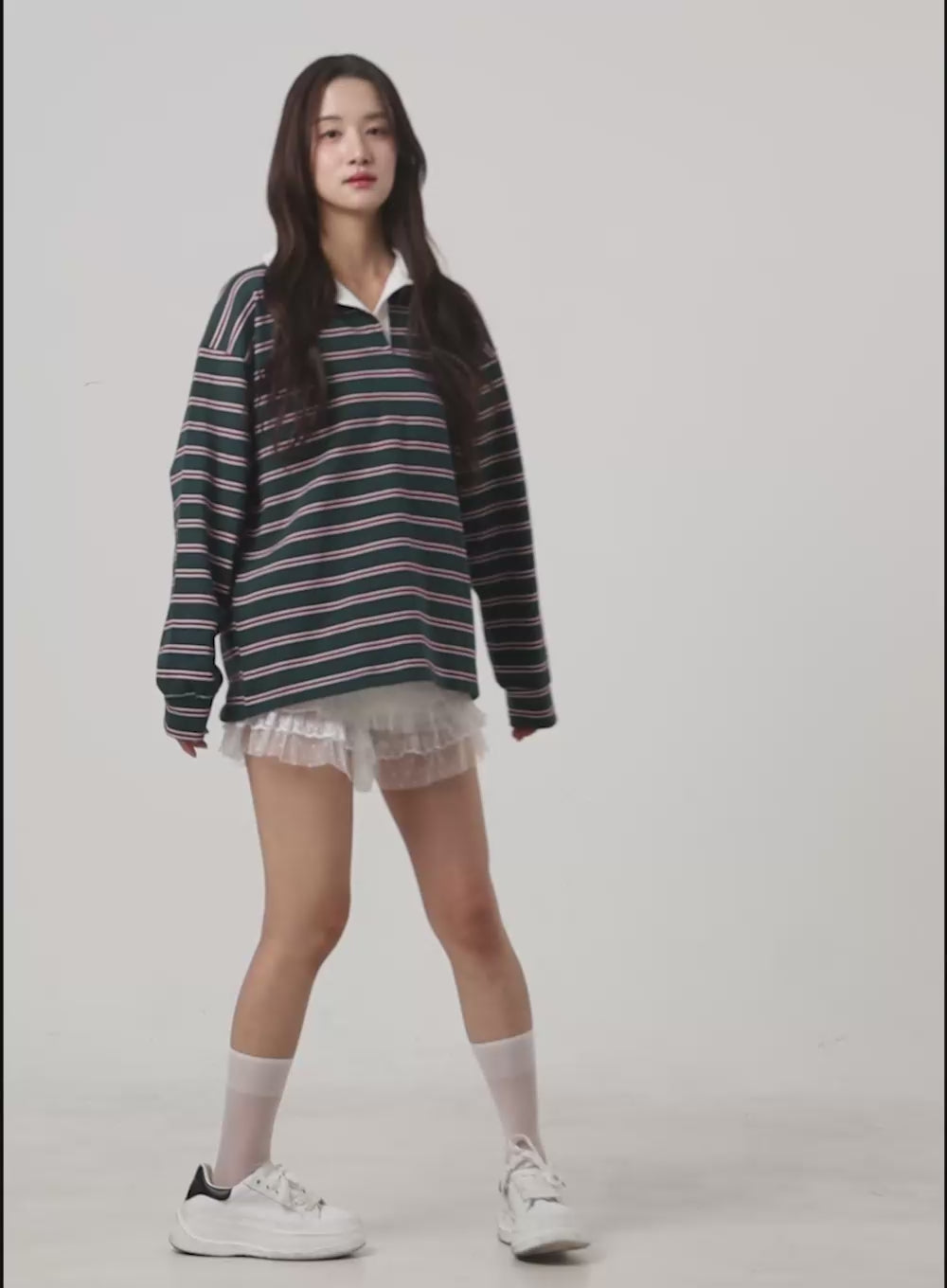 Oversize Collared Stripe Long Sleeve Tee OO407