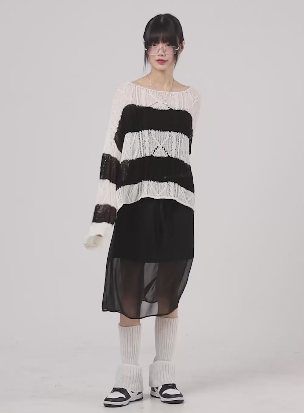 Wool Blend Hollow Out Striped Knit Sweater CM415
