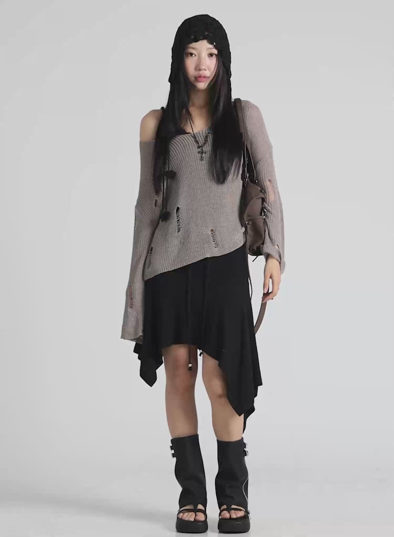 Sheer Distressed Knit Sweater CU512