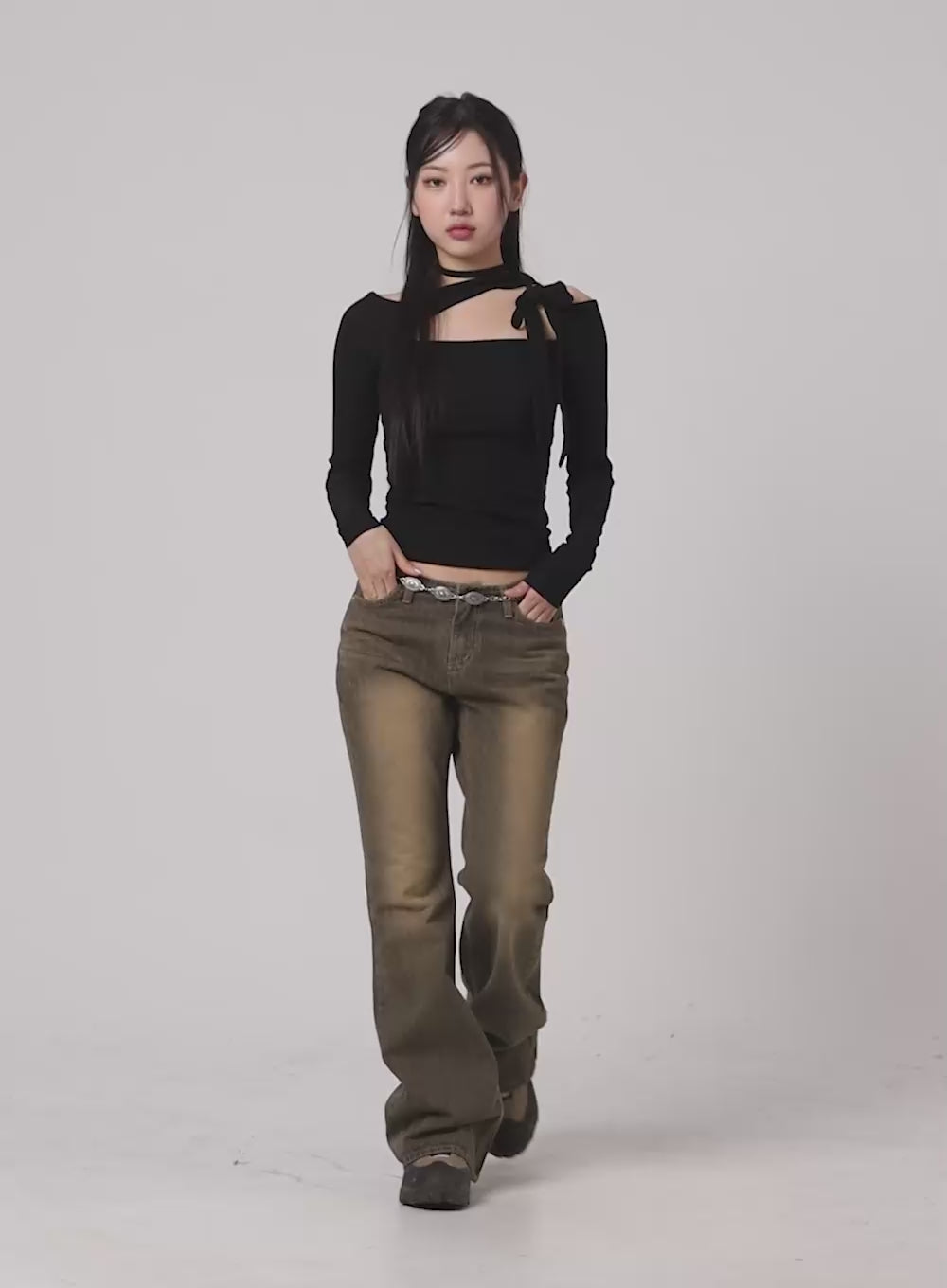 Solid Asymmetrical Neck Cut-Out Long Sleeve Top CM411