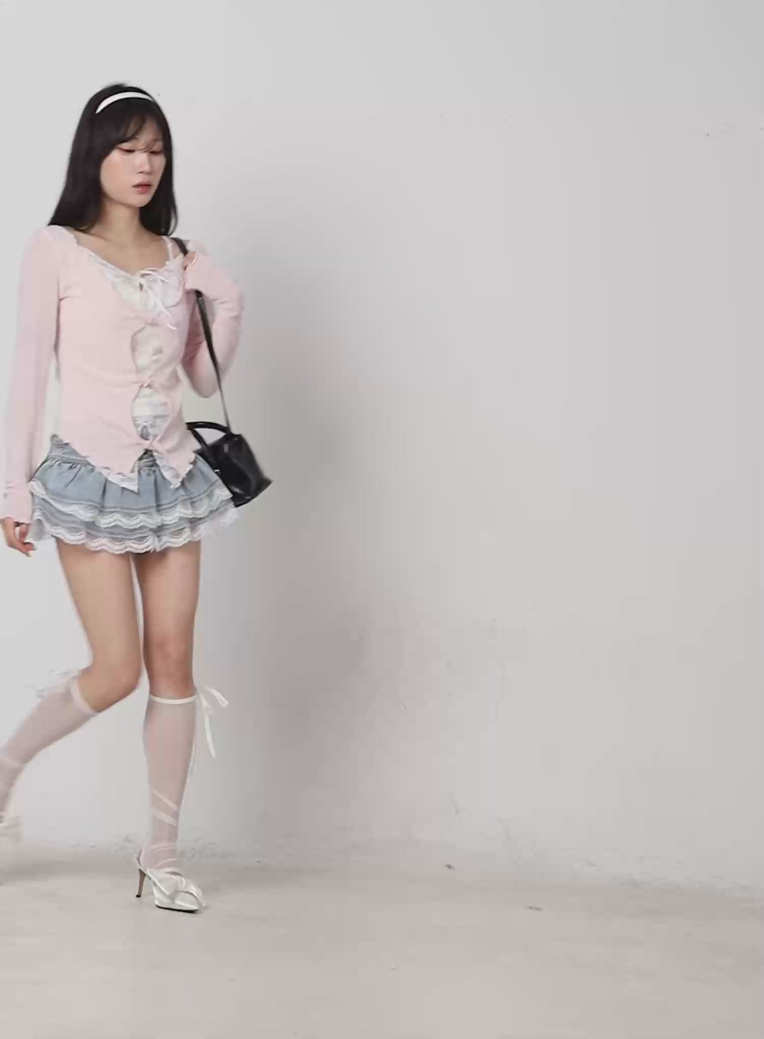 Lace-Trim Ruffle Denim Mini Skirt CA501