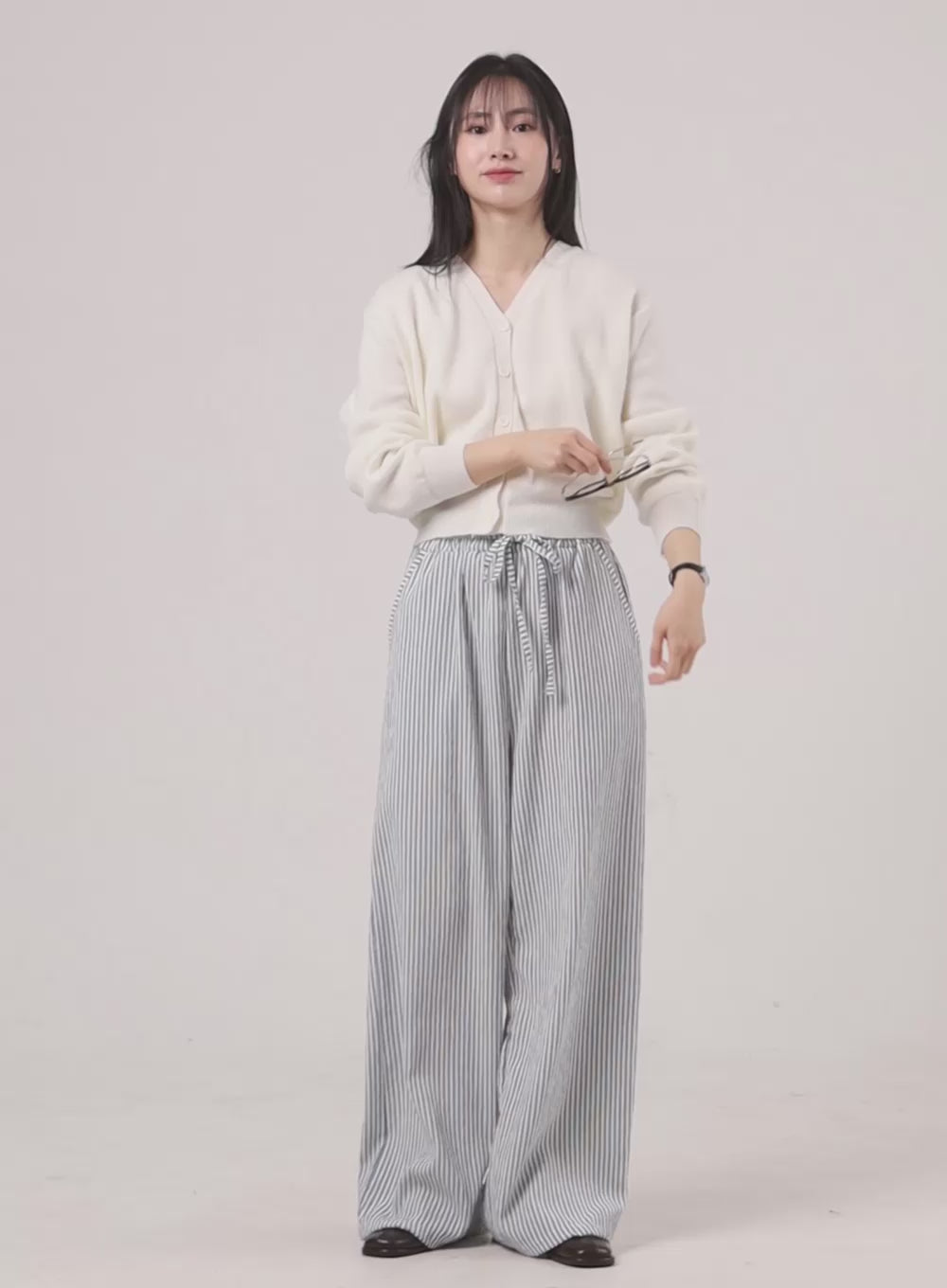 Mid Waist Striped Wide Leg Trousers OF406