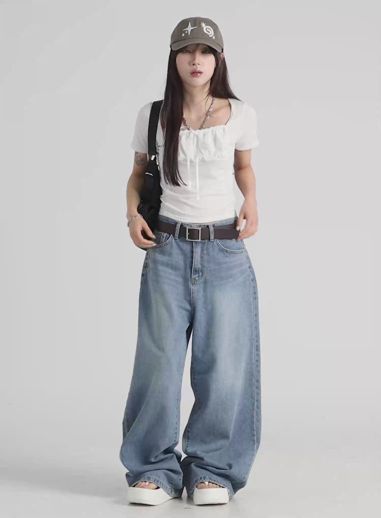 Shea Snap-Button Wide-Leg Jeans CY514
