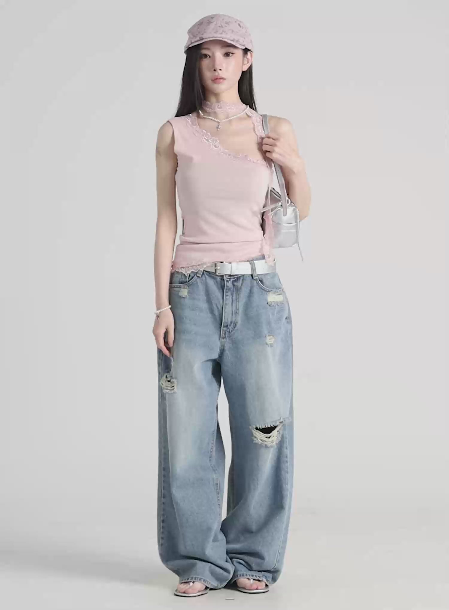 Lace Trim Asymmetric Tank Top IU512
