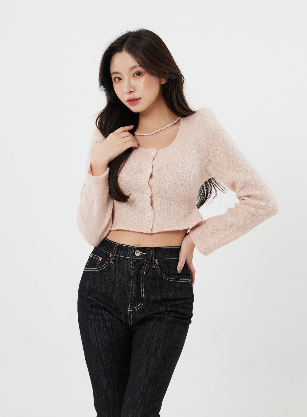 Pearl Button Cropped Cardigan with Shoulder Pad BS19 - Lewkin