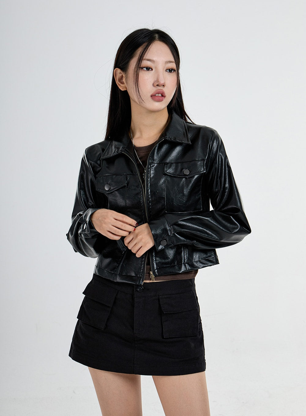 Front Pocket Faux Black Leather Crop Jacket CO05 - Lewkin