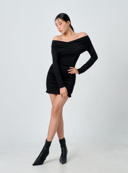 Off-Shoulder Mini Dress IJ331 - Korean Women's Fashion | LEWKIN Pink / S/M Off-Shoulder Mini Dress IJ331 - Korean Women's Fashion | LEWKIN Pink / S/M