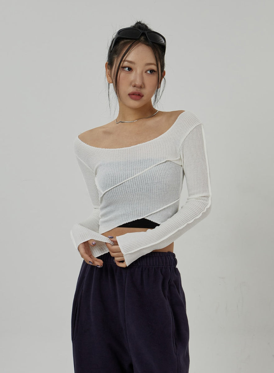 Off-Shoulder Mesh Cropped Top CD20 - Korean Women's Fashion 