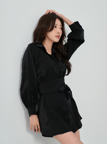 高腰絲帶襯衫褲套裝 IN08