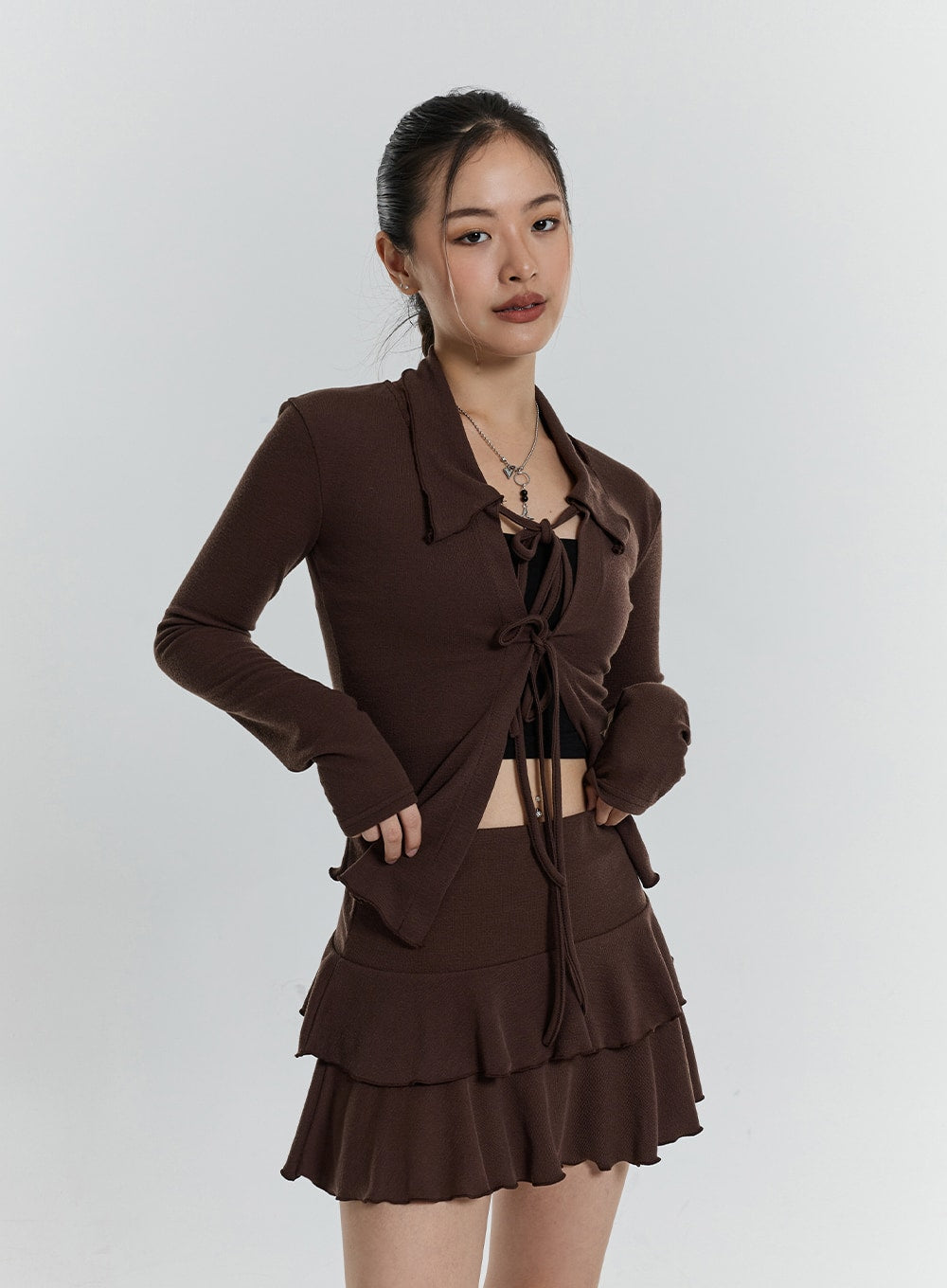 Front Tie Cardigan And Wavy Mini Skirt Set CN24 - Korean Women's ...