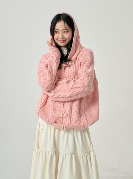 Button Hooded Twist Pattern Knit Cardigan BN02