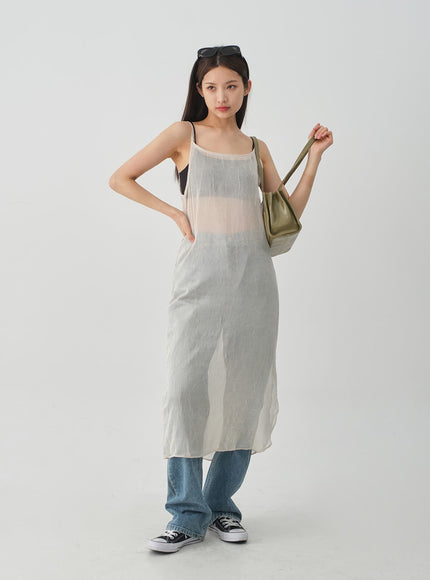 皺紋透明吊帶長連衣裙 CJ08