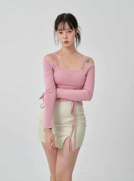 Off-Shoulder Double Front Tie Ruched Top IJ304
