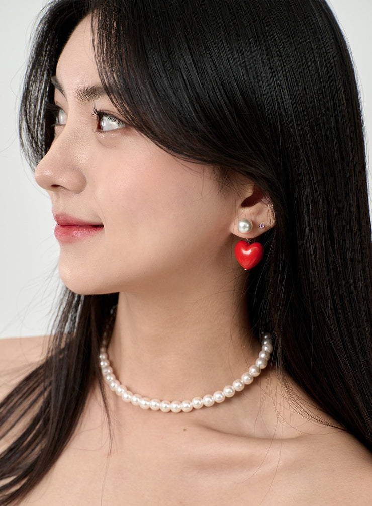 Pearl Red Heart Earrings BD09