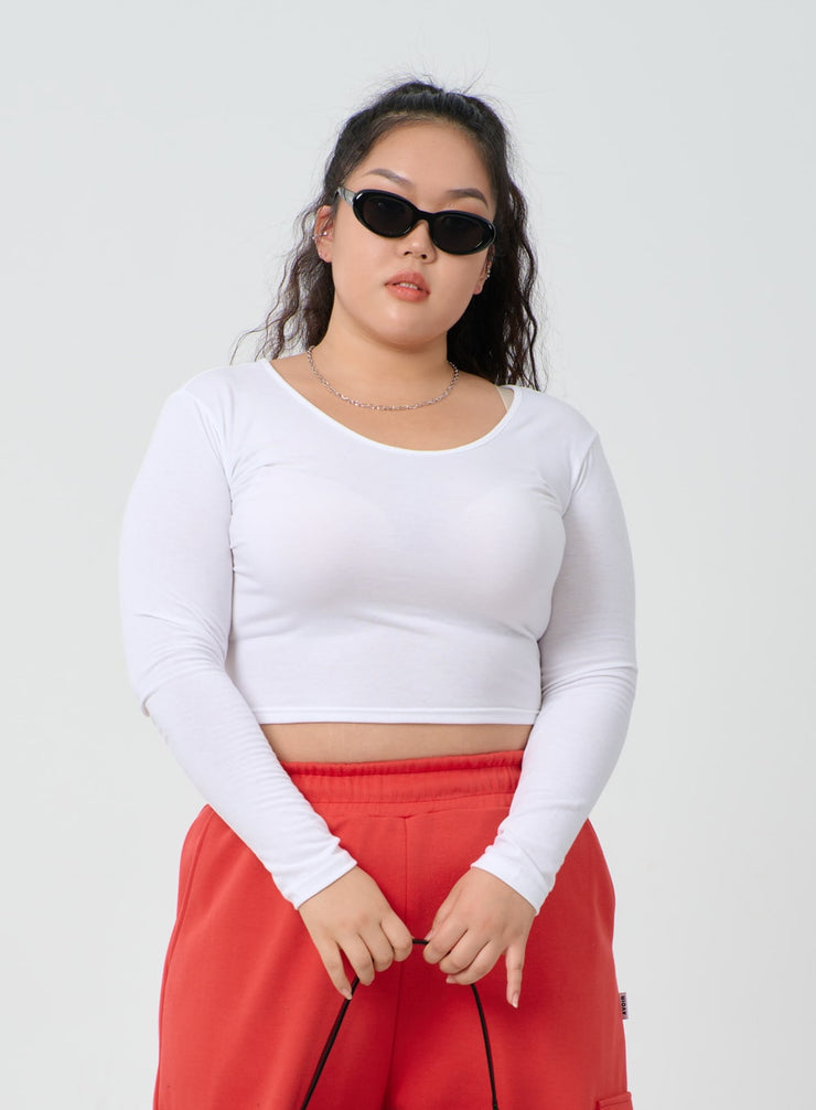 Plus U-Neck Long Sleeve Cropped Top ID27