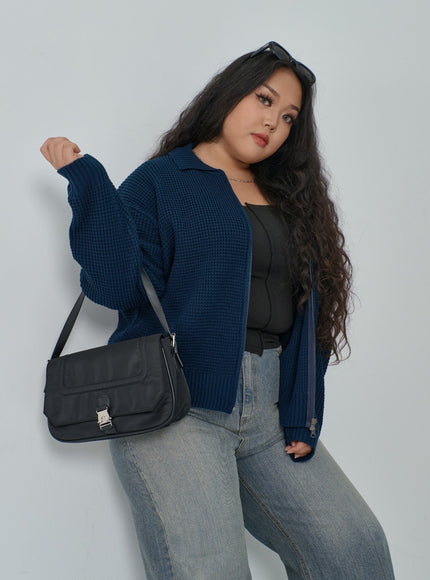 加華夫格圖案領雙向拉鍊針織衫