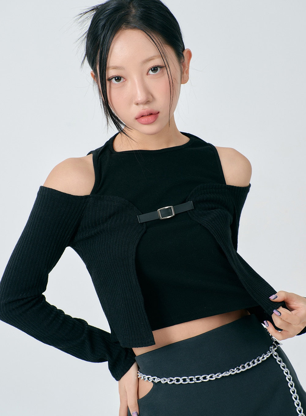 Layered Off-Shoulder Buckle Top BD23 - K-Pop style | LEWKIN