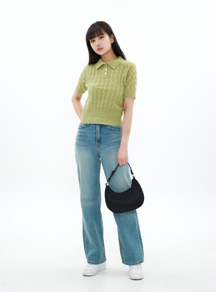 Cable Knit Collared Short-sleeve Sweater CA01