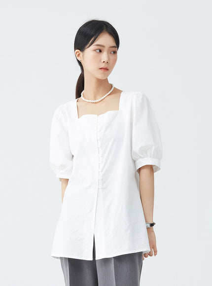 Square Neck Button-Down Slit Blouse OU19