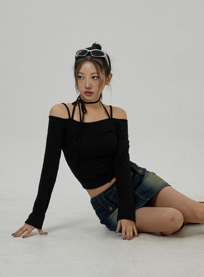 頸部飾帶細節長袖短款上衣 CD21