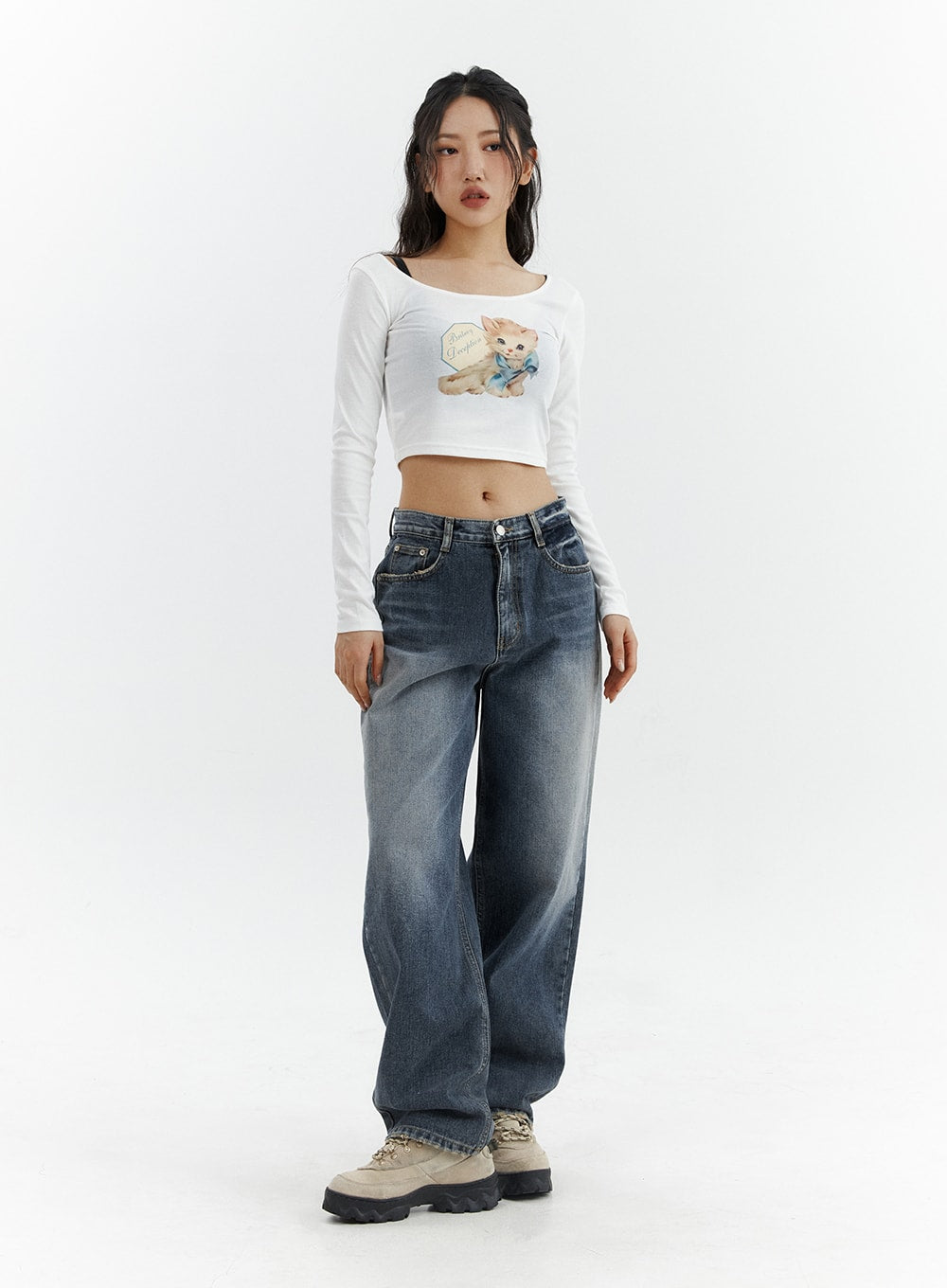 LEWKIN Washed Button Straight Leg Jeans CJ425 in dark blue, full-length front on model, wide-fit washed cotton denim with visible fading, paired with white graphic crop top and chunky sneakers.