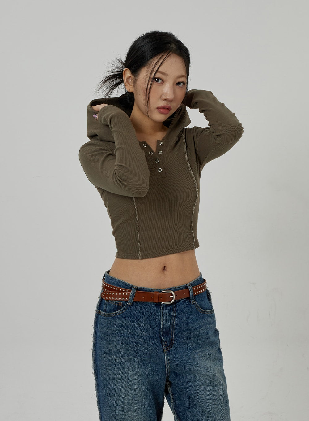 Button V-Neck Hoodie Cropped Top CD20 - Korean Women's Fashion | LEWKIN