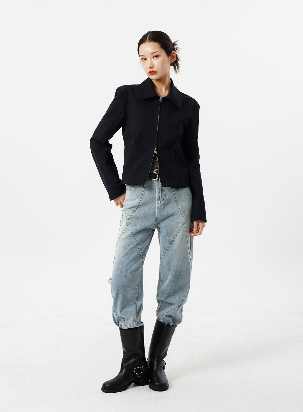 LEWKIN Light Wash Straight Leg Jeans CM307 in light blue, full-body front on model, straight-fit washed cotton with geometric seam detailing, styled with black zip jacket and knee-high boots.