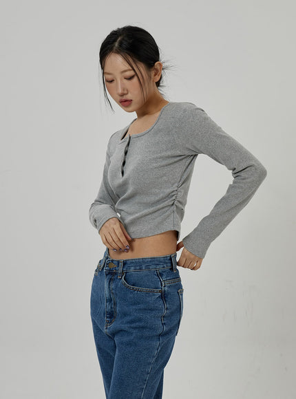 Button Neck Long Sleeve Cropped Top CD21