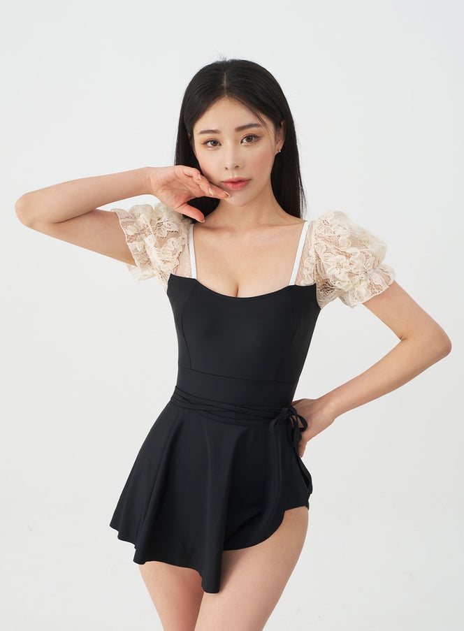 Lacy Shoulder Onepiece Swimsuit and Wrap Skirt Set IJ13
