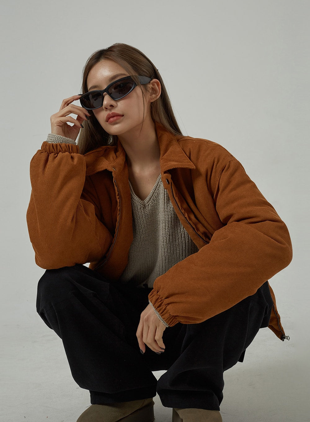 burnt orange corduroy puffer jacket