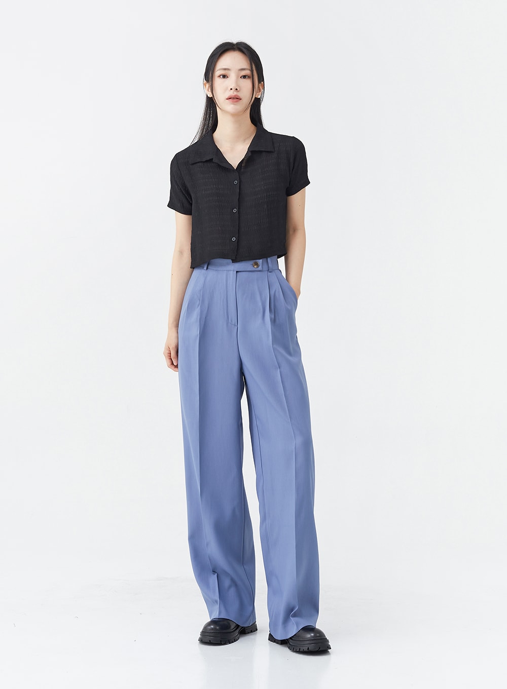 Cool Wrinkle Cropped Blouse with Collar OG12