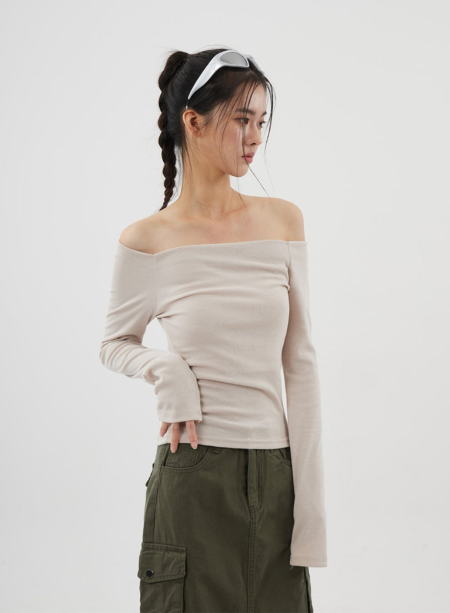 Off-Shoulder Long Sleeve Top CJ309 - Korean Women's Fashion 