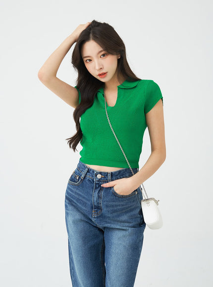 V-Neck Collar Crop Short Sleeve Tee BG09