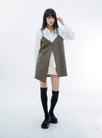 One Button Faux Leather Mini Dress OS29