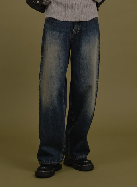 Washed Wide Denim Pants - Korean Women