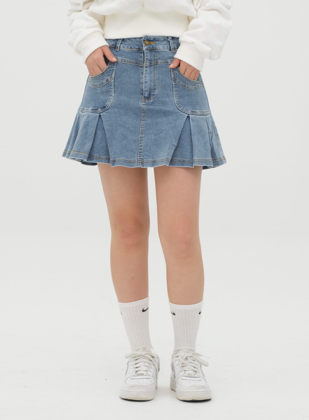 Denim Hem Pleated Mini Skirt