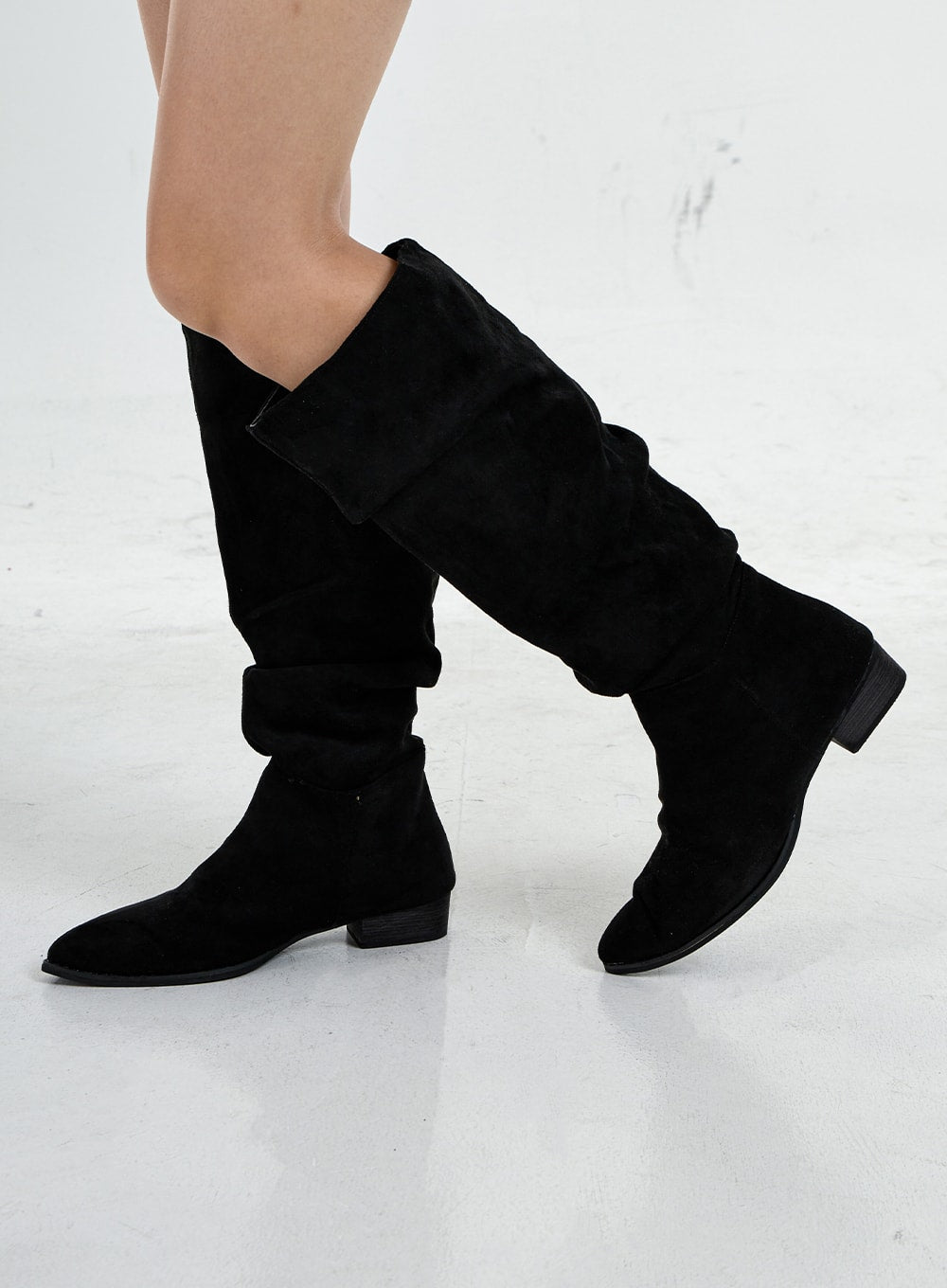 Faux Suede Flock Low Heel High Boots CO07