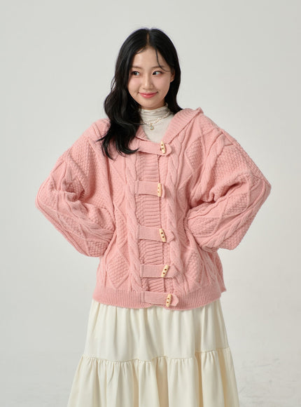 Button Hooded Twist Pattern Knit Cardigan BN02