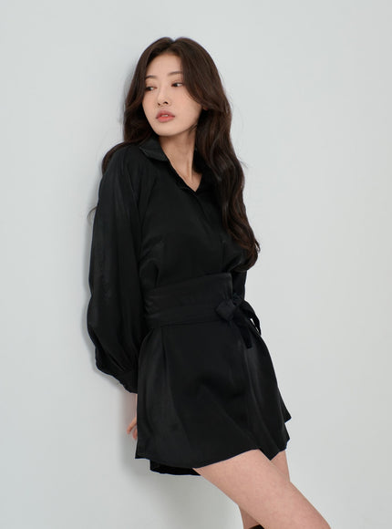 高腰絲帶襯衫褲套裝 IN08