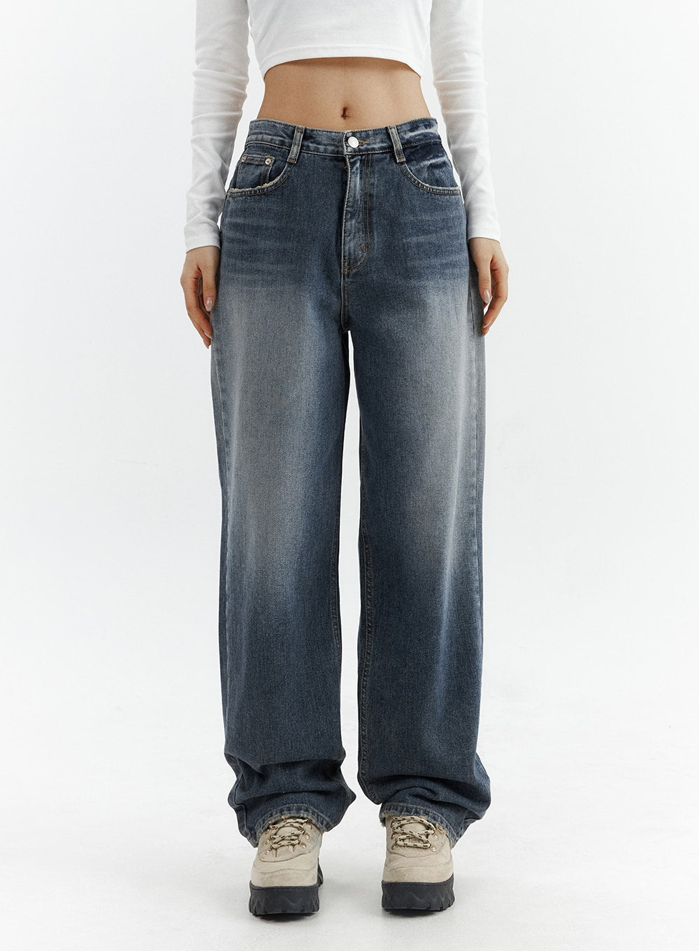 Washed Button Straight Leg Jeans CJ425 in dark blue, front close-up on model from waist to hem, wide straight leg silhouette, washed denim with faded whisker detailing and silver button closure.