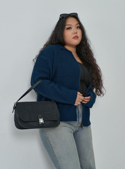 加華夫格圖案領雙向拉鍊針織衫