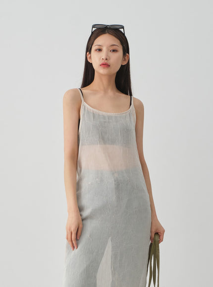 皺紋透明吊帶長連衣裙 CJ08