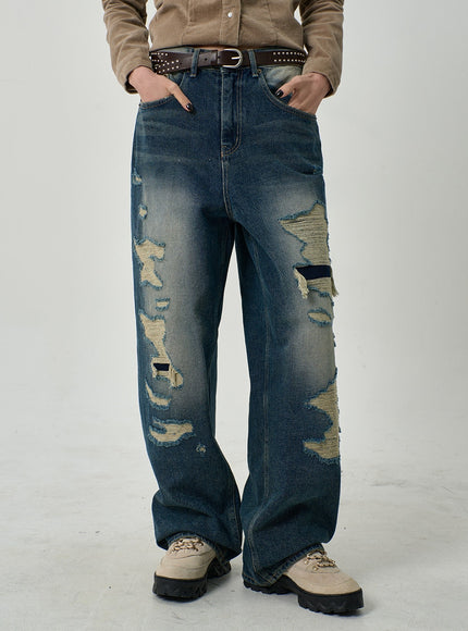 男女通用破洞寬牛仔褲 CD14