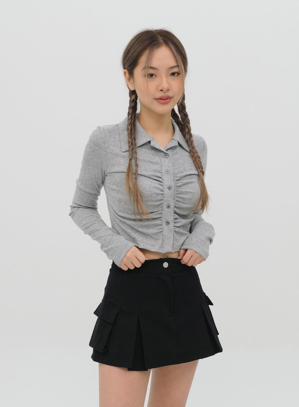 Cropped Shirt with Front Shirring C1002