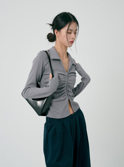 荷葉邊拉鍊長袖上衣 ID08