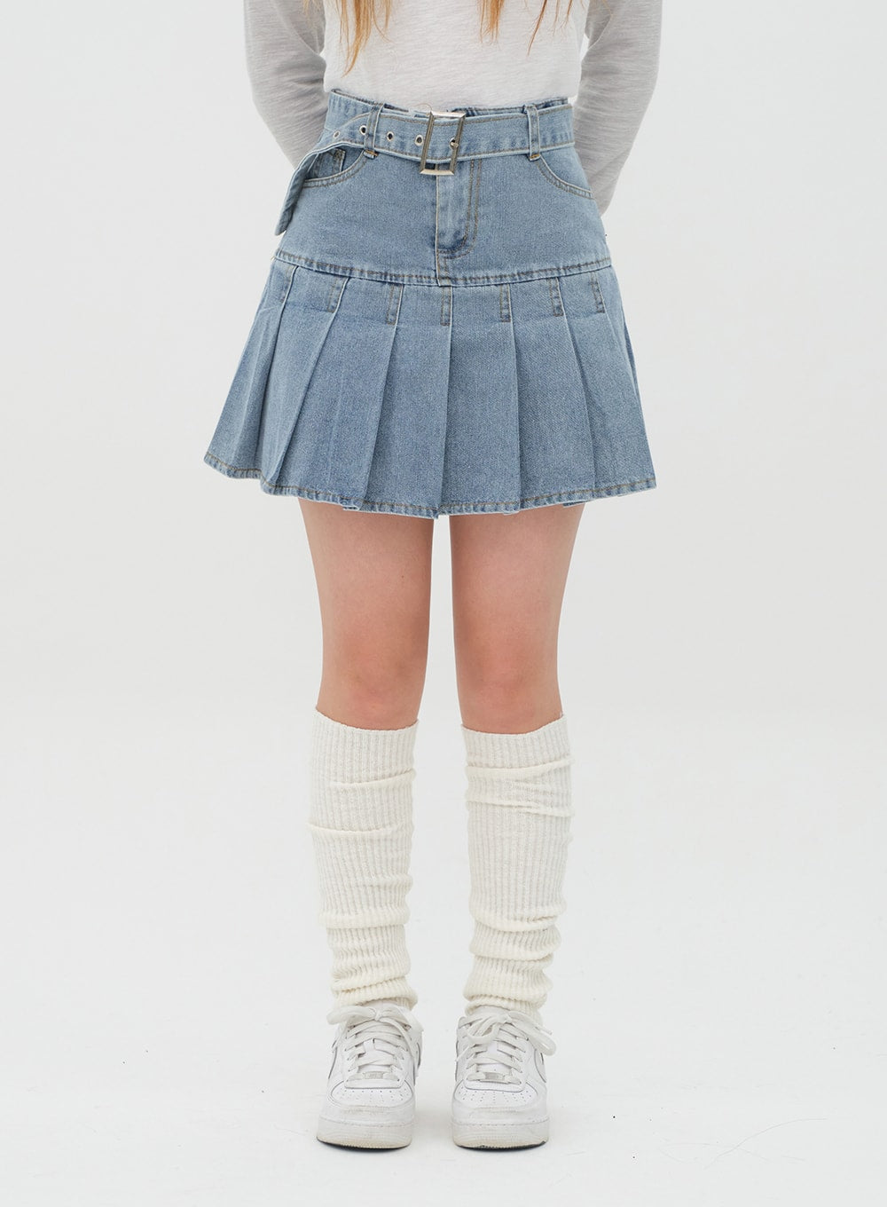 Denim Pleated Mini Skirt - Blue Denim M