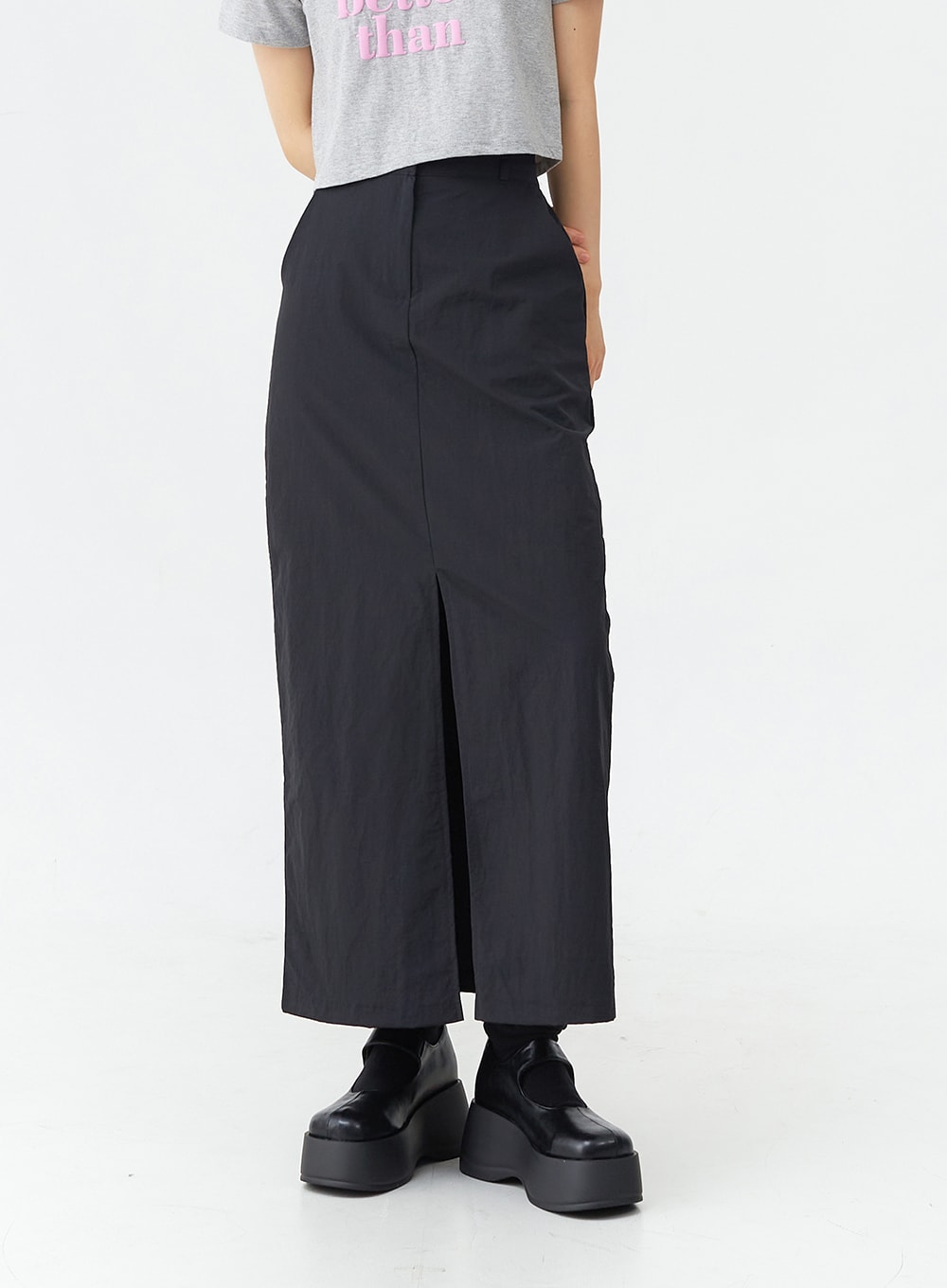 Nylon Slit Maxi Skirt OG03 - Lewkin