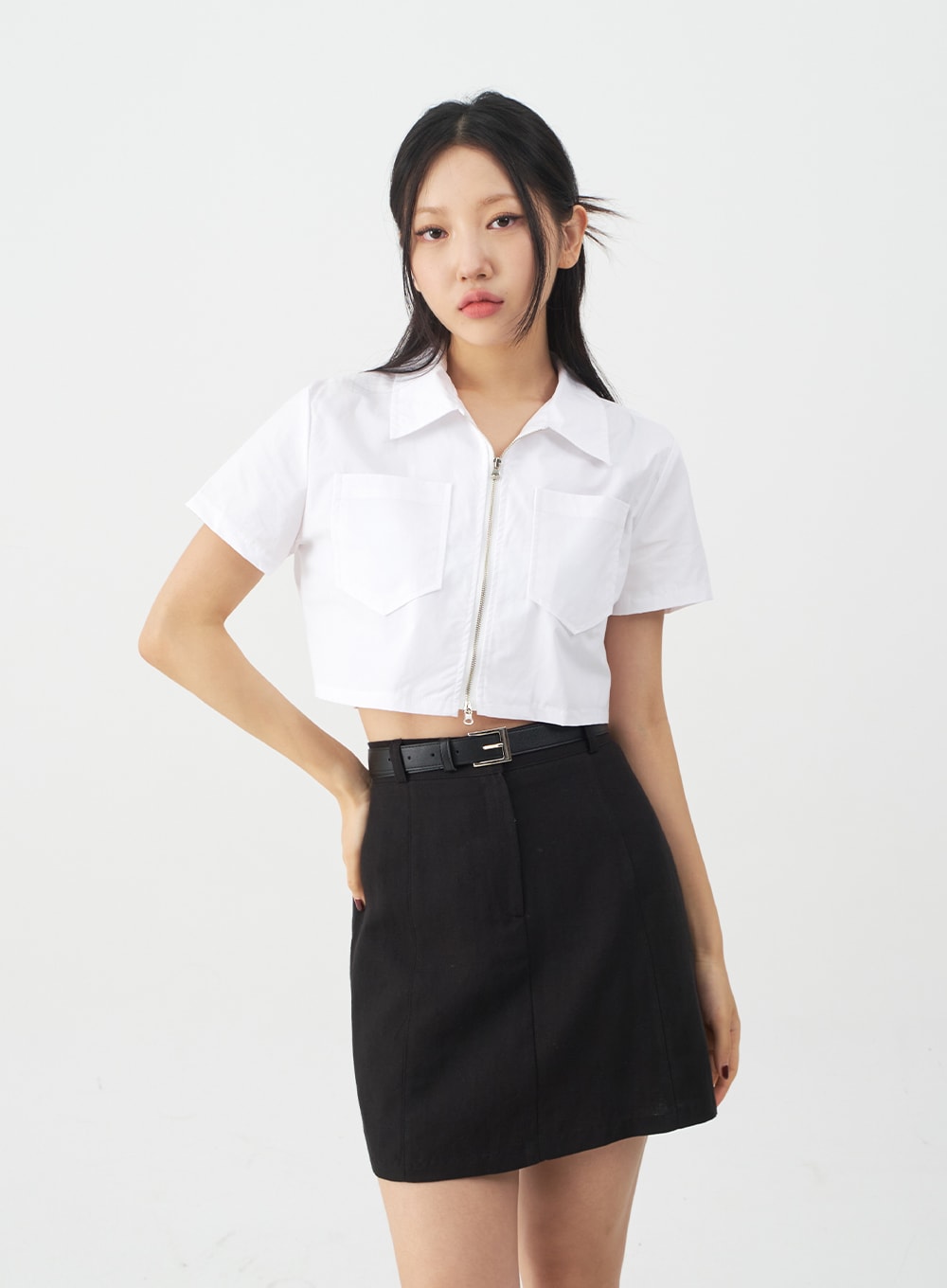Pocketed Zip-up Cropped Shirt CJ14