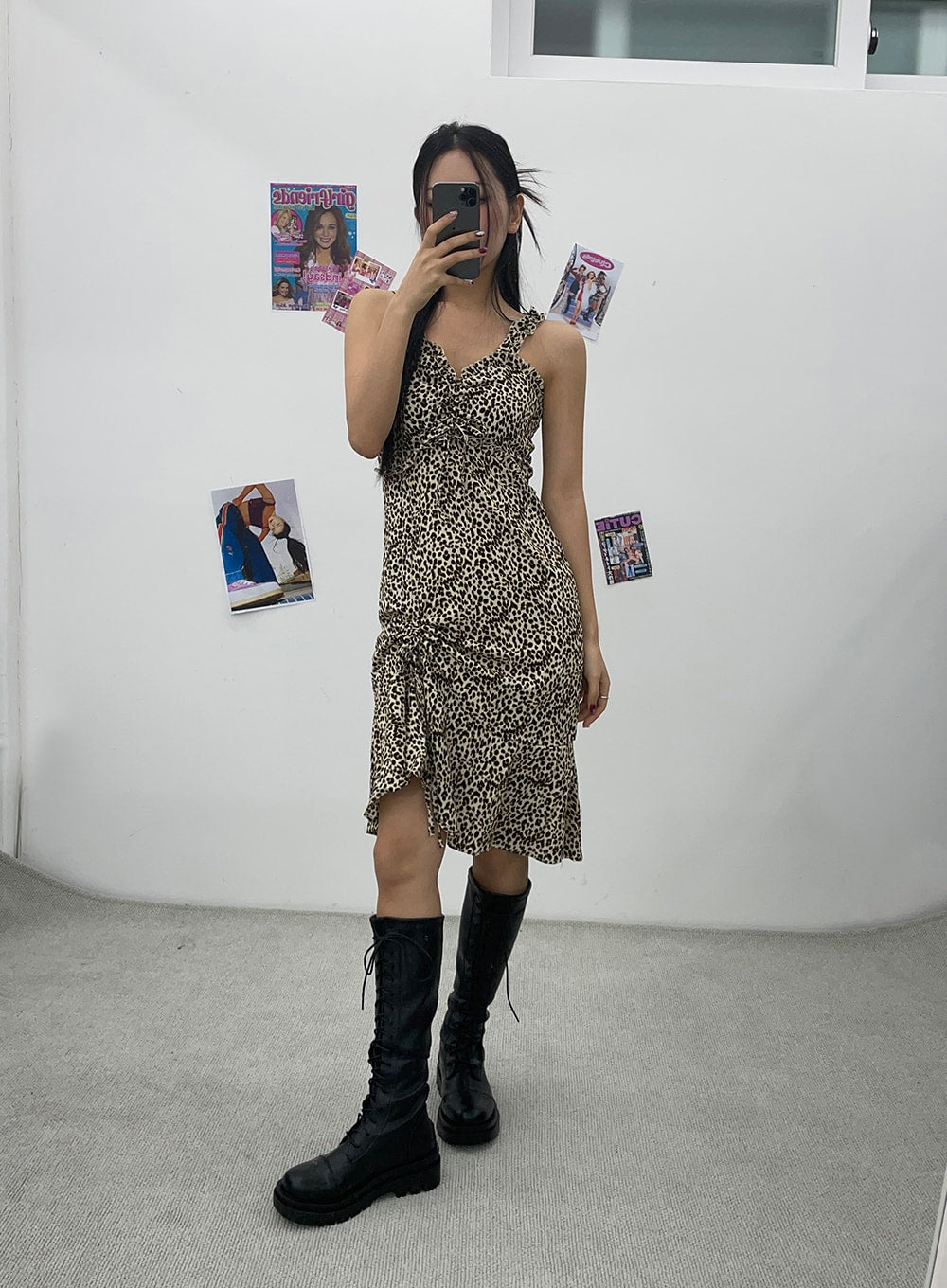leopard print frilled midi dress