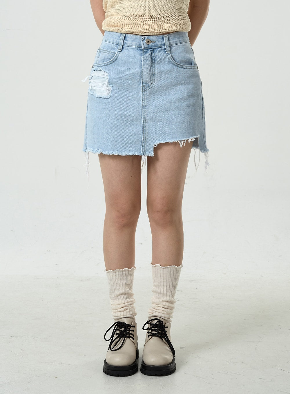 Denim distressed asymmetrical clearance skirt